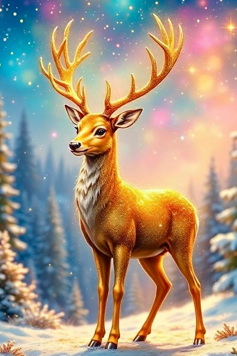Diamond Painting Set eines majestätischen goldenen Hirschs in einer magischen, glitzernden Schneelandschaft im Winterwald.