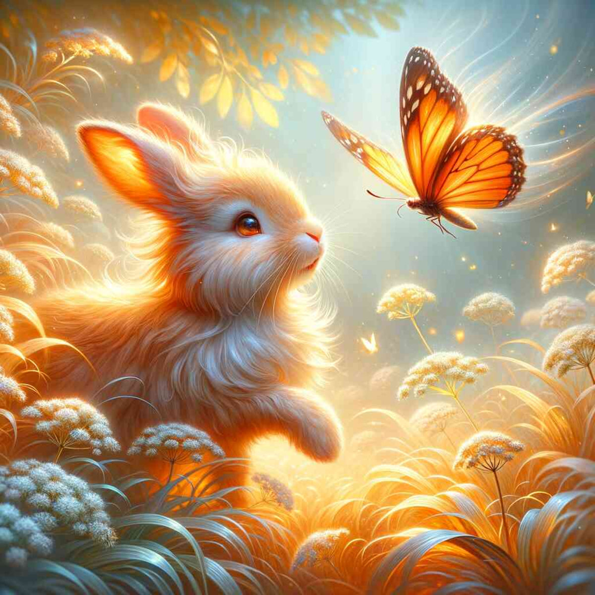Diamond Painting Set Häschenfreunde: Niedliches Häschen mit Schmetterling in einer leuchtenden Blumenwiese.