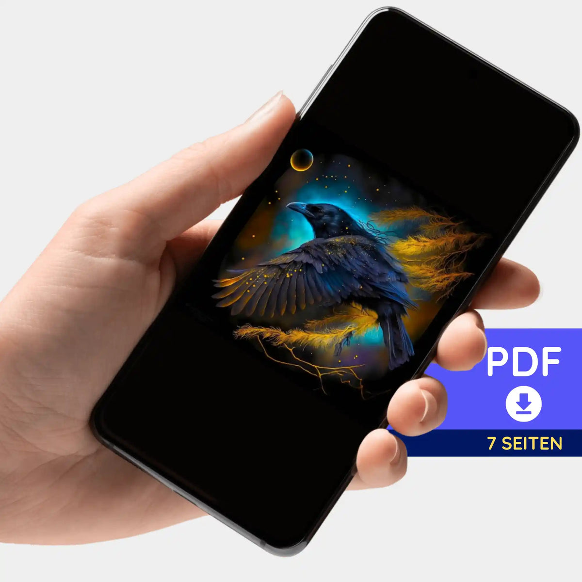 Digitale PDF-Bildmappe zum Diamond Painting Motiv Hexenrabe auf Smartphone angezeigt für kreative DIY-Projekte.