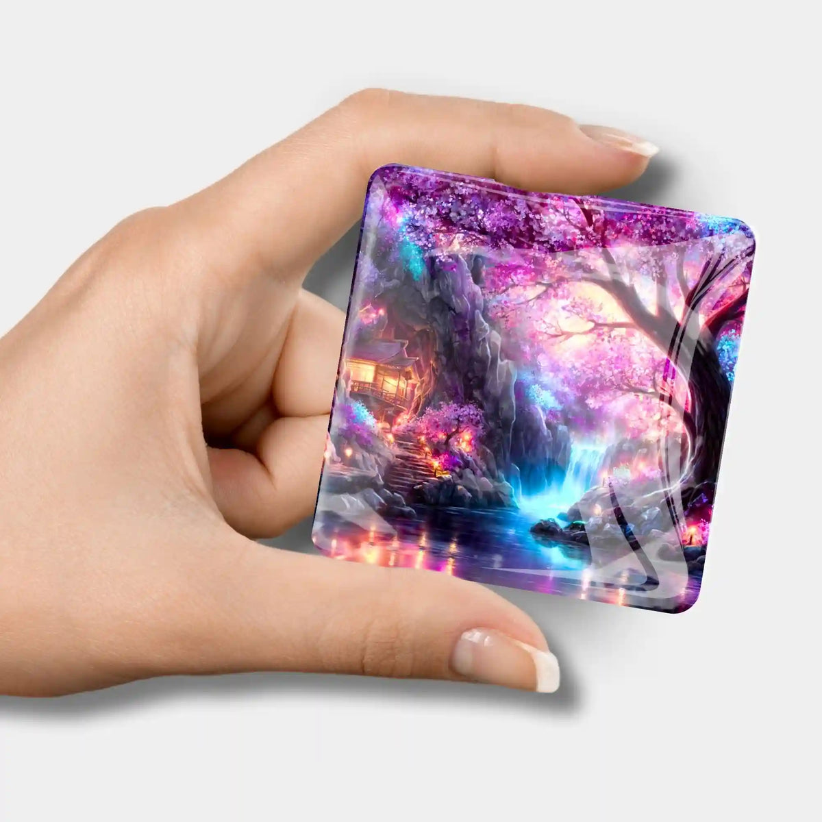 Glas Cover Minder Das Licht der Sakura für Diamond Painting mit magischem Kirschblüten-Landschaftsmotiv