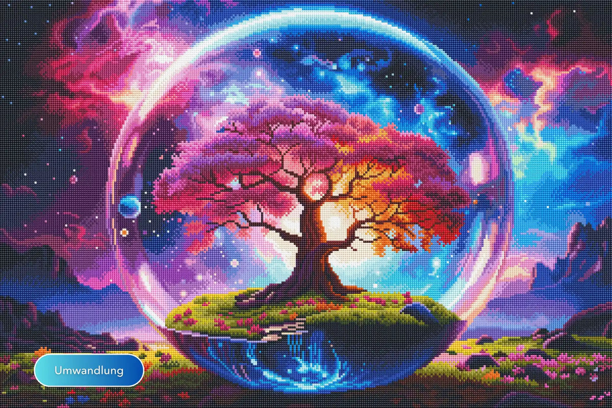 Diamond Painting Arbor Eternis mit magischem Baum in einer Glaskugel vor buntem galaktischen Sternenhimmel