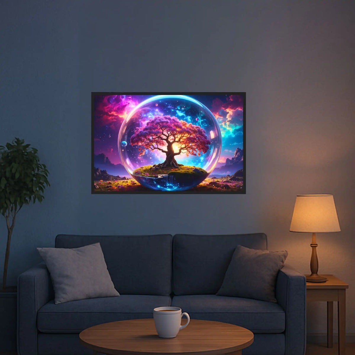 Diamond Painting Arbor Eternis mit glitzerndem Baum in einer Glaskugel vor einem farbenfrohen Galaxie-Himmel.