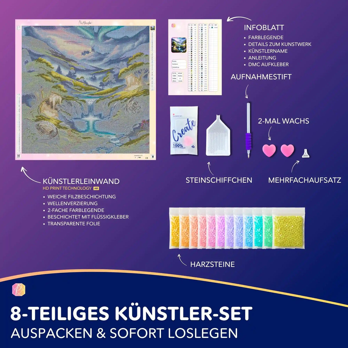 Diamond Painting Set Tal der Erinnerung mit Leinwand, bunten Harzsteinen und Zubehör für DIY Kunstwerke.