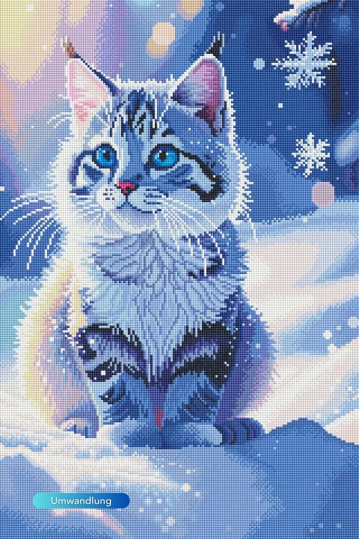 Diamond Painting Set Schneegeist mit einer süßen Katze in einer winterlichen Schneelandschaft mit funkelnden Kristallen.