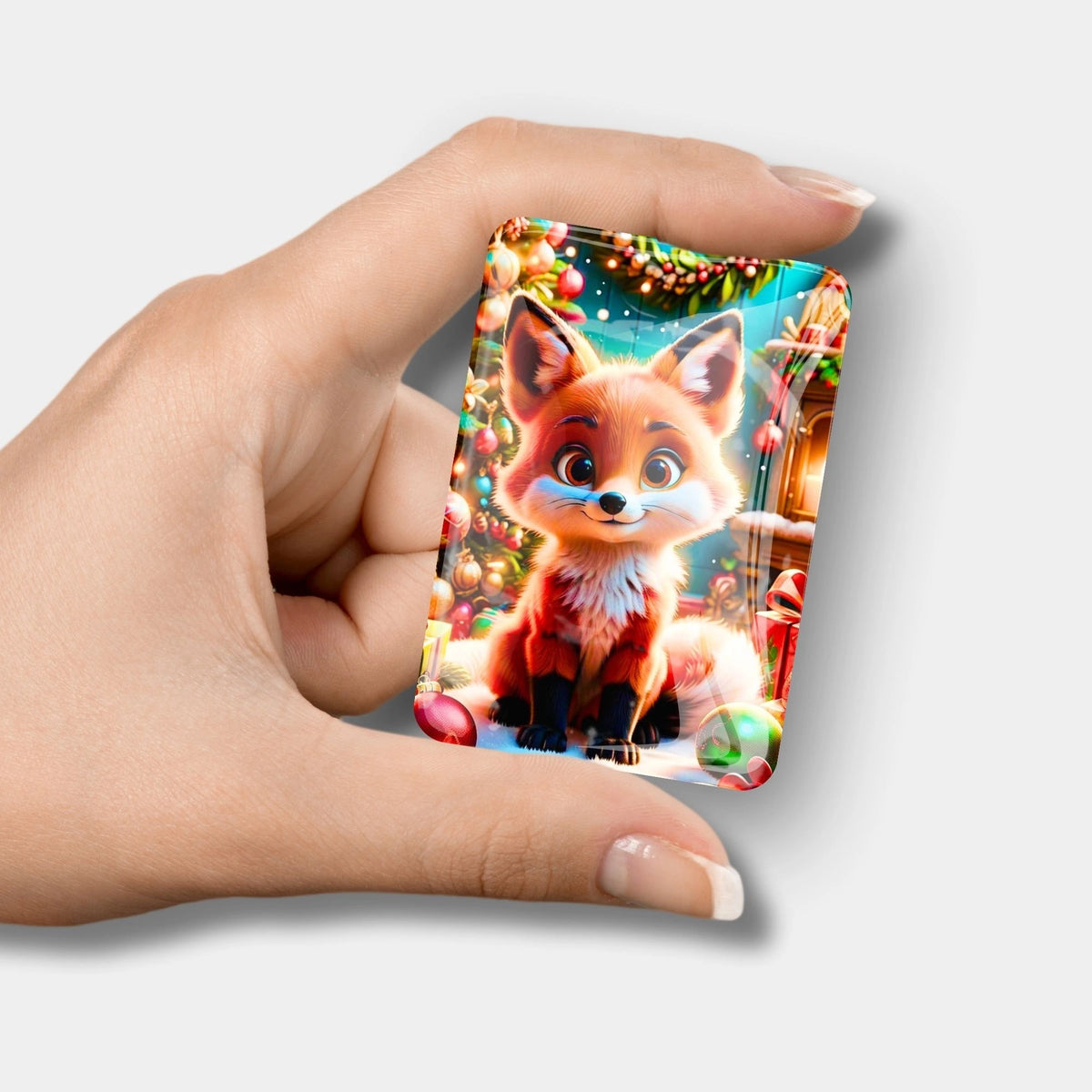 Fuchs Cover Minder aus Glas für Diamond Painting Zubehör mit weihnachtlichem Fuchsmotiv in Hand gehalten