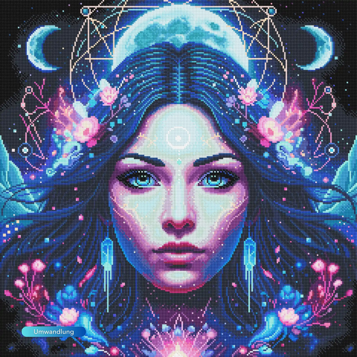 Diamond Painting Mondprinzessin: Magisches Fantasy-Mädchen mit leuchtenden Blumen und Mond-Motiven als funkelndes DIY-Set.