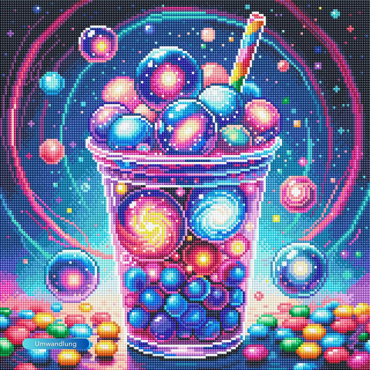 Diamond Painting Set eines galaktischen Bubble Tea mit bunten Planeten-Perlen und leuchtendem Universum-Hintergrund