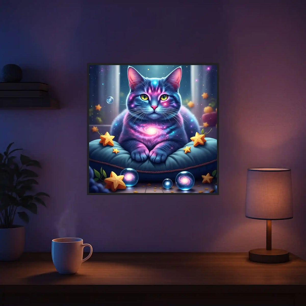 Diamond Painting Set Wächterin Andromeda mit mystischer Katze im Galaxie-Design, umgeben von Sternen und leuchtenden Kugeln.
