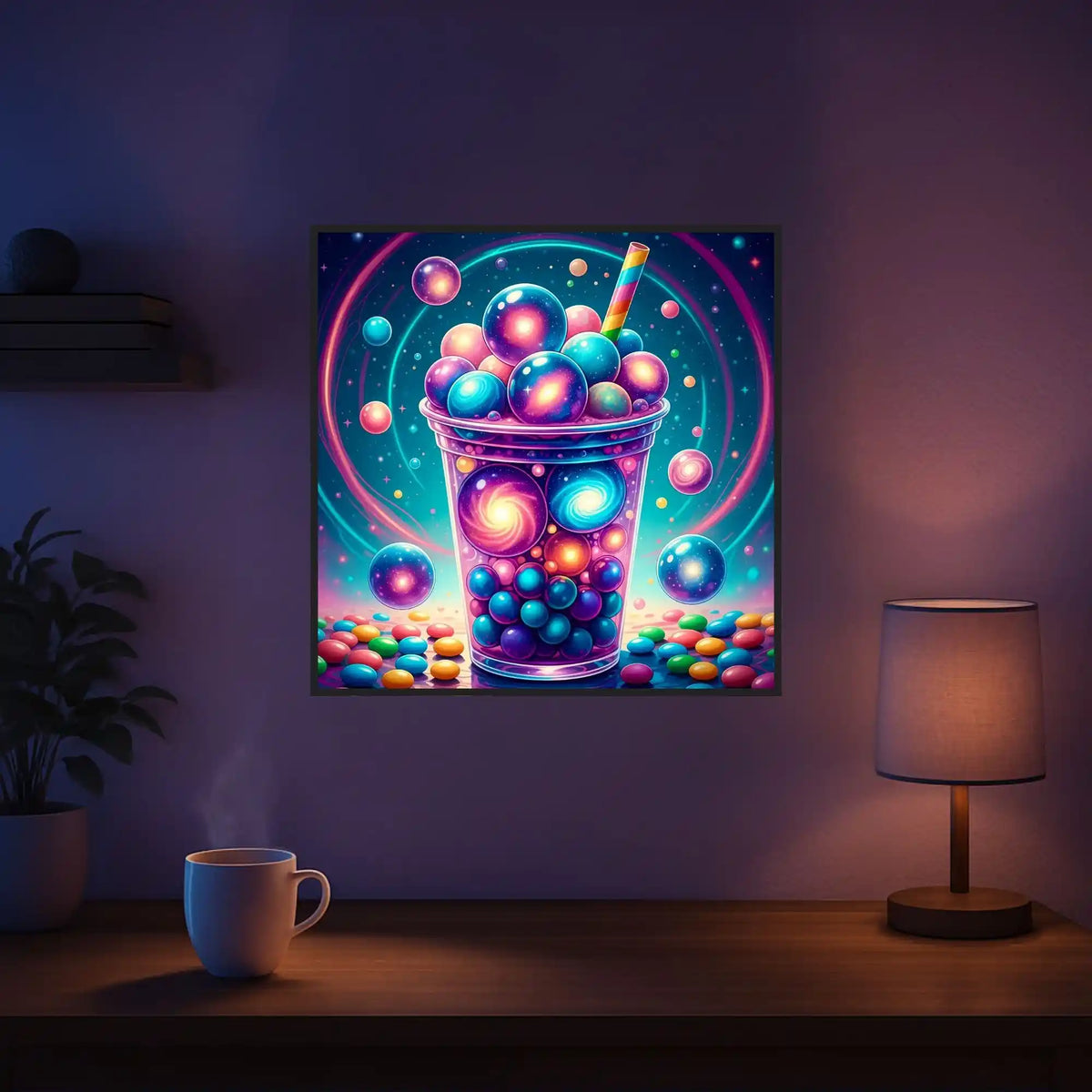 Diamond Painting Set Bubble Tea Universum mit bunten Galaxie-Perlen und leuchtenden Planeten-Motiven in Neonfarben.