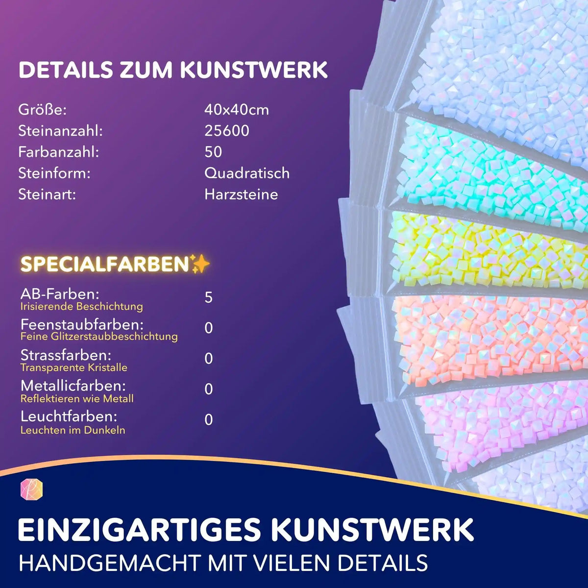 Diamond Painting Kit Details mit quadratischen Harzsteinen, AB-Farben und Spezifikationen für das Motiv Schildkrötenmädchen