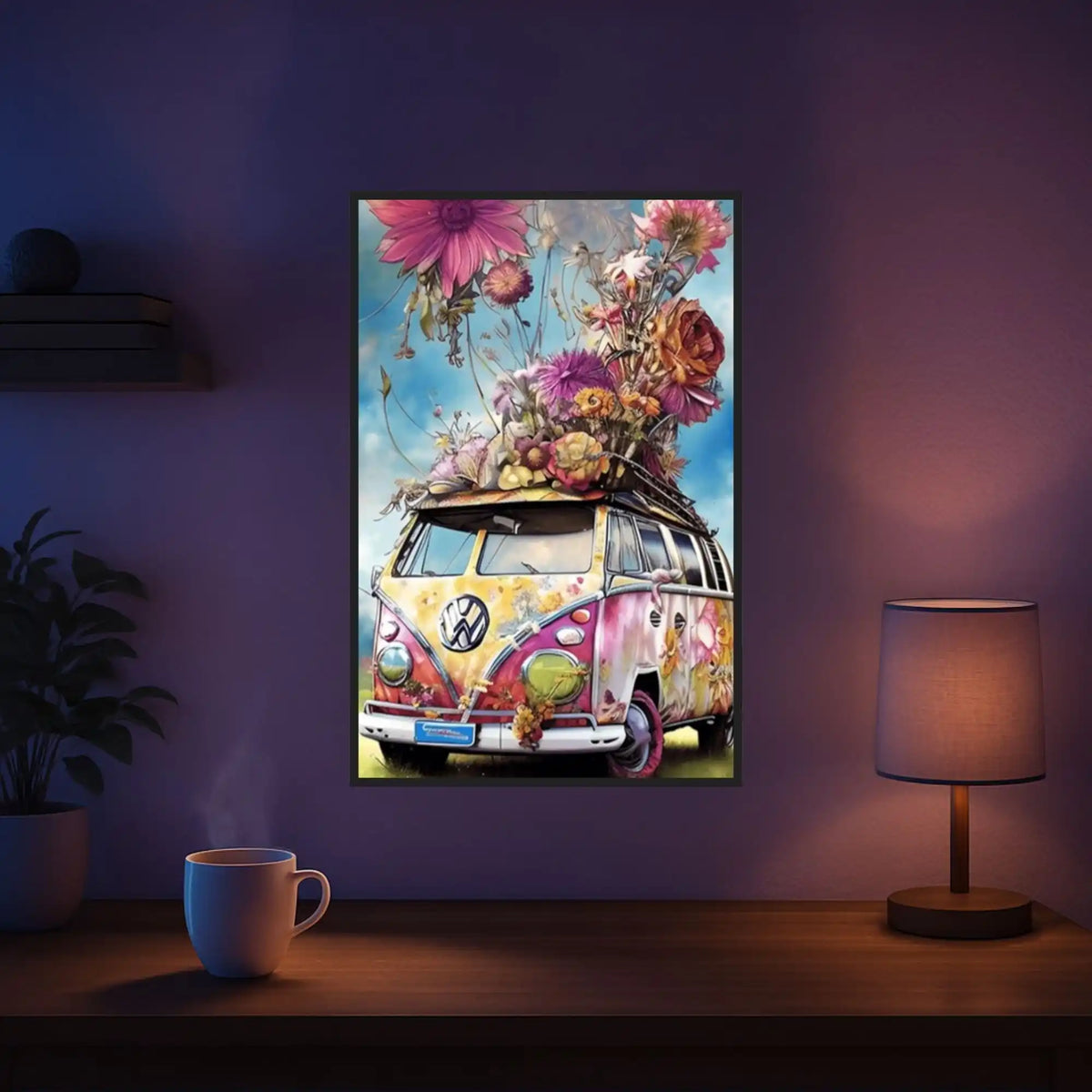 Diamond Painting Set Flower Power Bully mit buntem VW Bus und Blumen, gerahmt an einer gemütlichen Wand