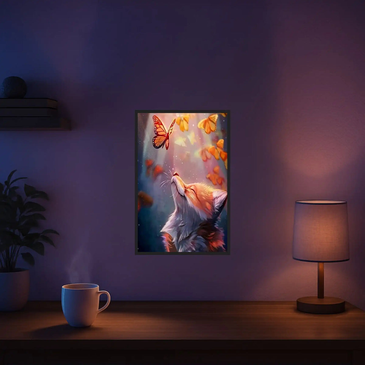 Diamond Painting Set: Süßer Fuchs mit Schmetterlingen in einem herbstlichen Wald, gerahmt an einer Wand