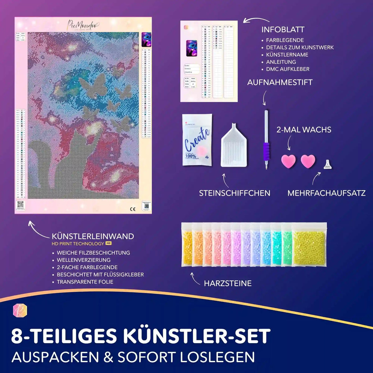 Diamond Painting Set Leuchtbild mit Schmetterling-Motiv, hochwertiger 8-teiliger Inhalt mit Leinwand, Steinen und Werkzeug