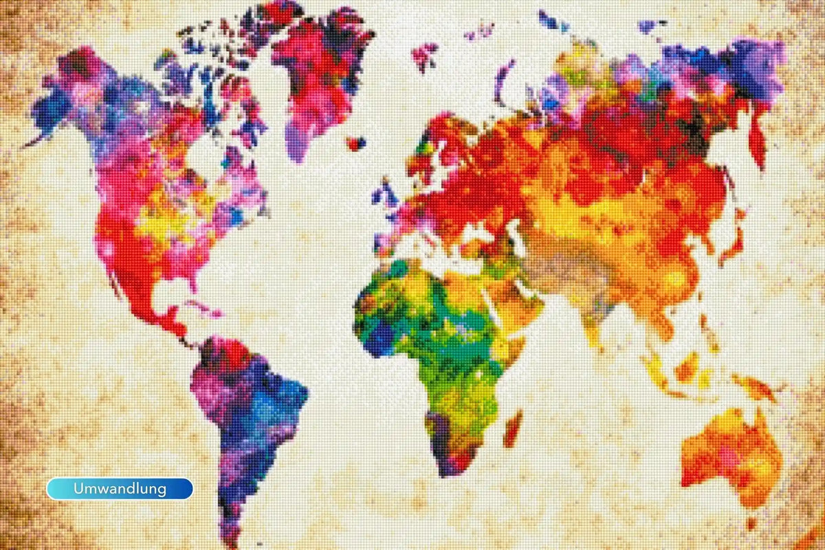 Bunte Weltkarte als Diamond Painting Set mit eckigen Steinen auf Vintage-Hintergrund für kreativen Bastelspaß.