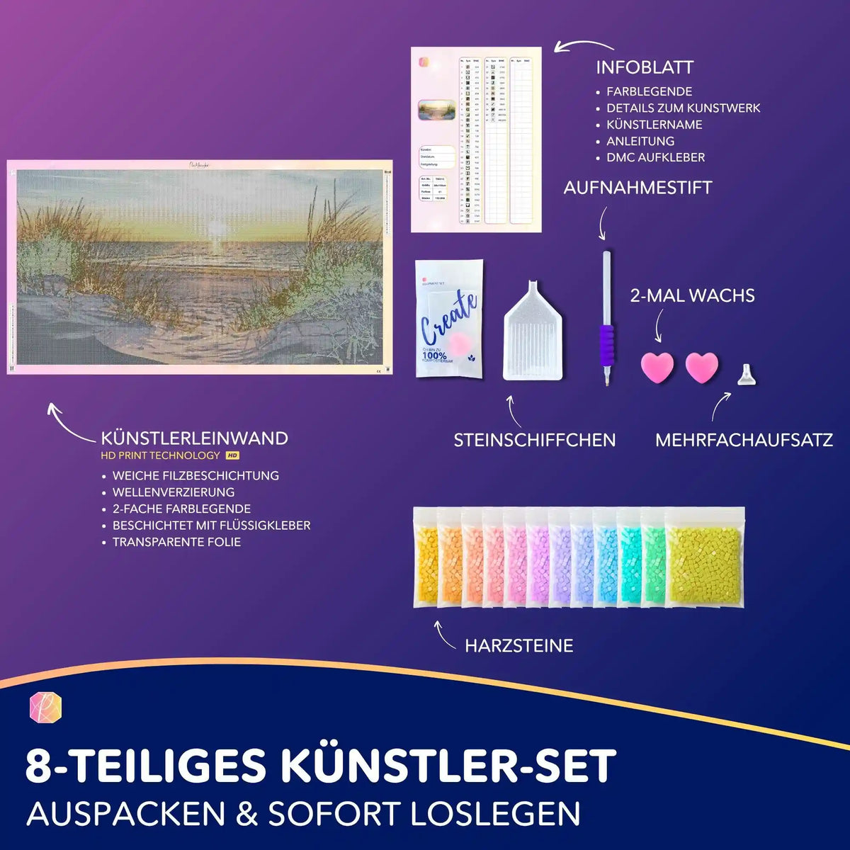 Diamond Painting Set XXXL Sonnenuntergang am Strand mit Leinwand, bunten Harzsteinen und Profi-Zubehör für Erwachsene.