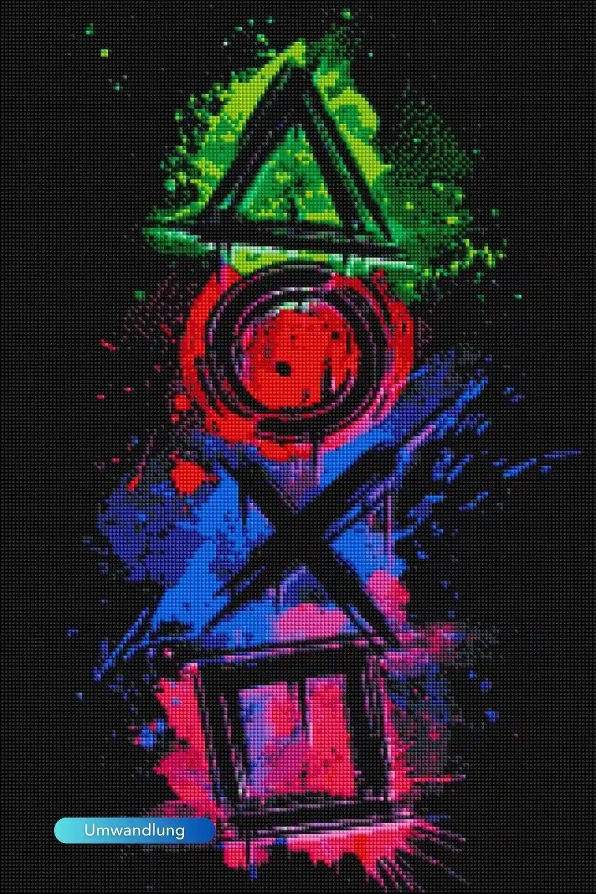 Diamond Painting Leuchtbild mit Gaming-Controller-Symbolen in bunten Aquarell-Farben auf schwarzem Hintergrund
