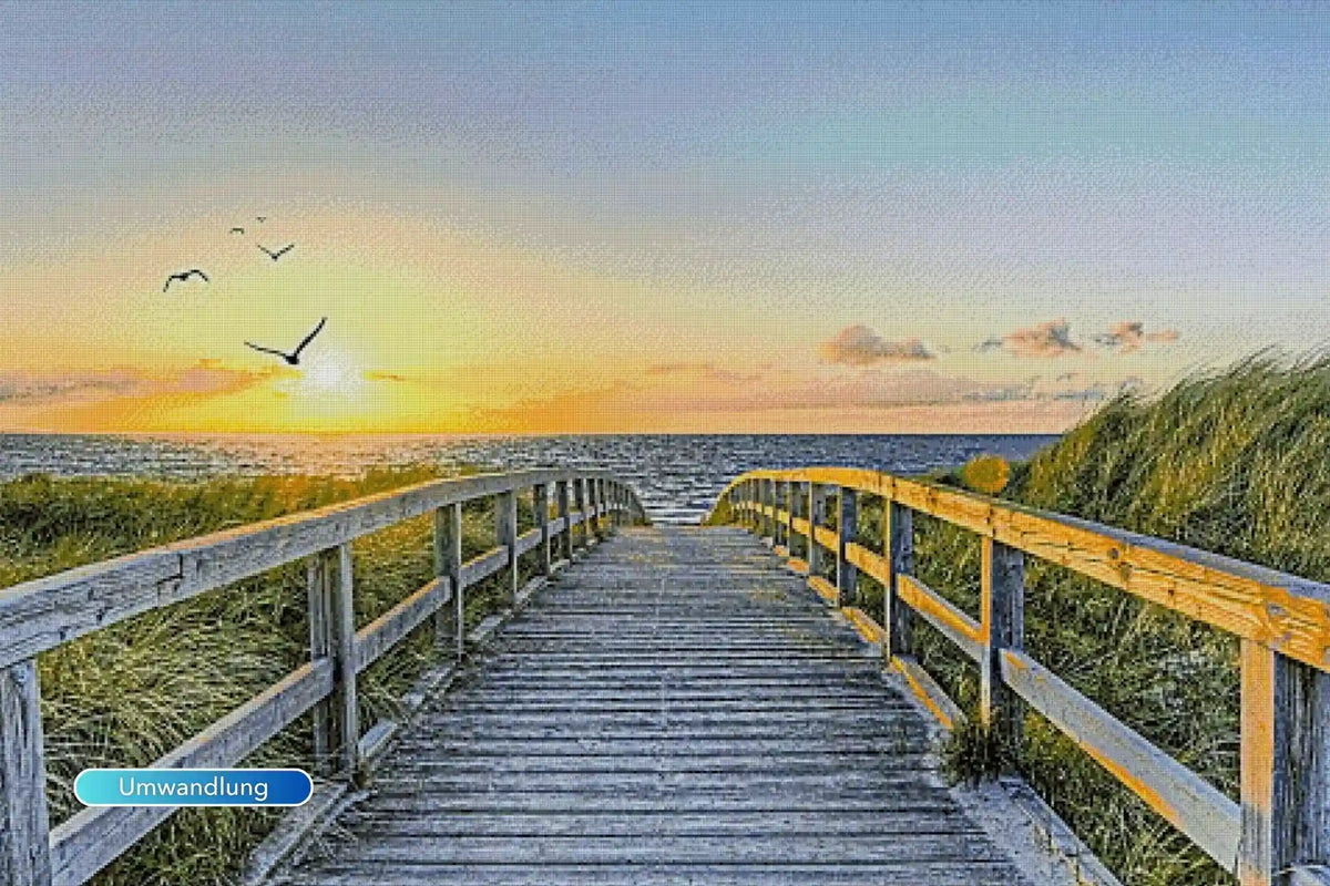 XXXL Diamond Painting Strand der Ruhe mit Holzsteg, Meer und Sonnenuntergang – traumhaftes Set für Entspannung