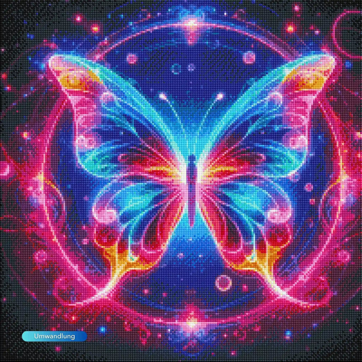 Diamond Painting Leuchtbild mit buntem Schmetterling und leuchtenden Steinen vor einem kreisförmigen Fantasy-Hintergrund
