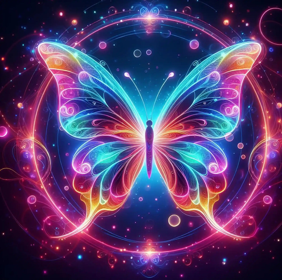 Diamond Painting Leuchtbild mit buntem Schmetterling und leuchtenden Steinen im Fantasy-Design, 50x50cm