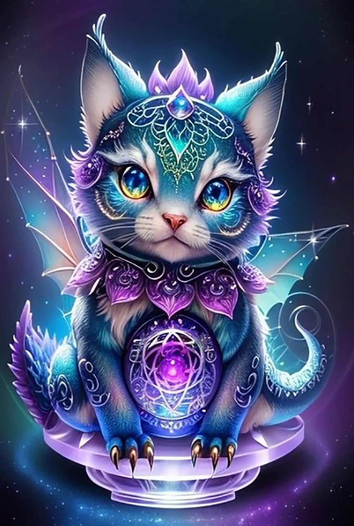 Diamond Painting Set Mystical Kitty mit leuchtenden Steinen: Magische Katze in Blau-Violett als 40x60cm Kunstwerk.