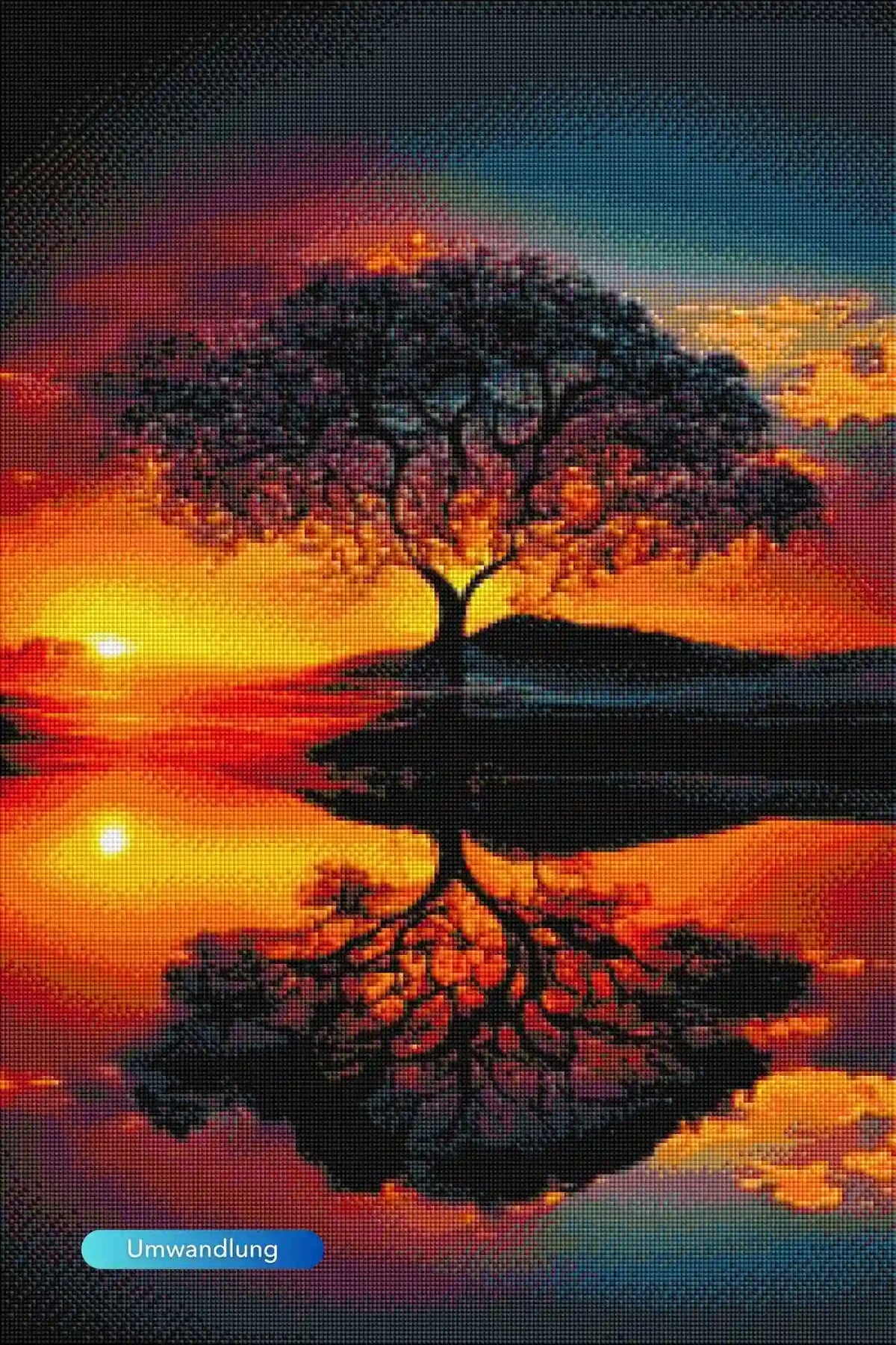 Diamond Painting Set Baum im Sonnenuntergang mit spiegelnder Landschaft in leuchtenden Farben auf hochwertiger Leinwand