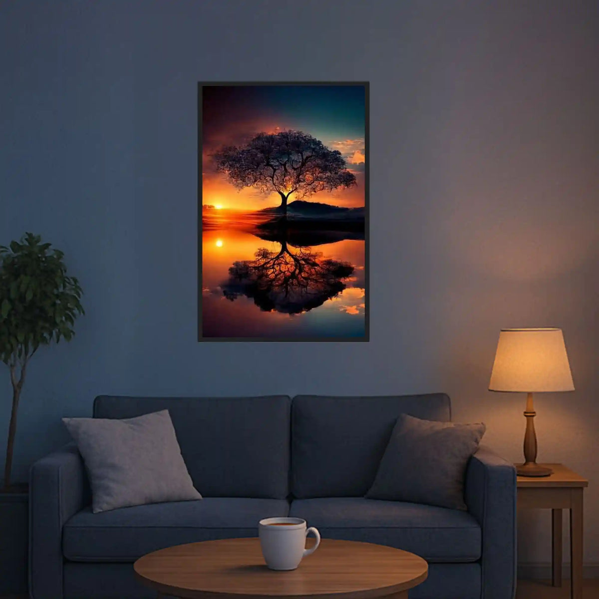 Diamond Painting Set mit Baum im Sonnenuntergang als Wanddekoration über einem Sofa in einem gemütlichen Wohnzimmer.
