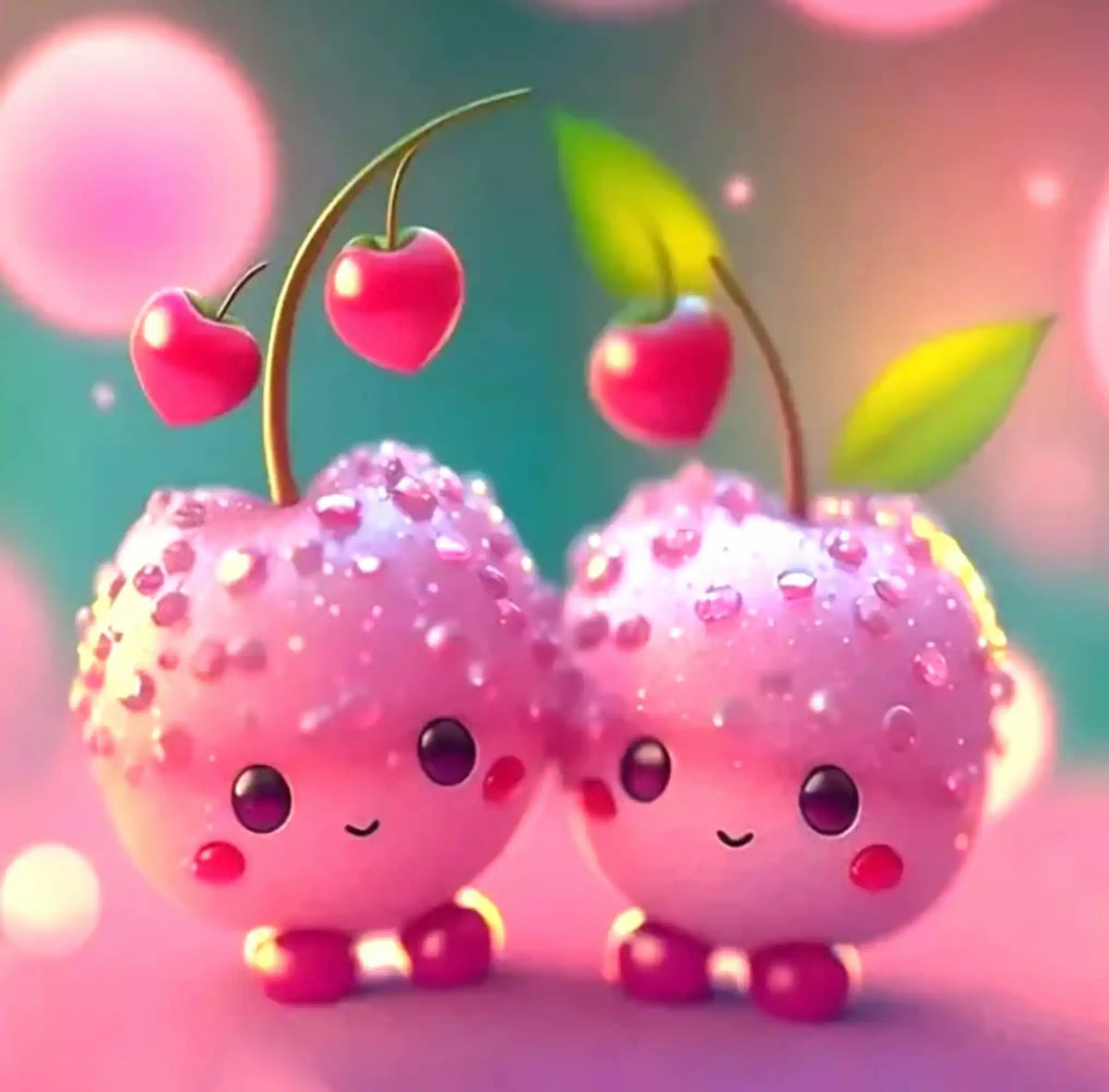 Diamond Painting Set Sweet Cherrys: Verspielte Kirschen in Rosa mit glitzernden Steinen auf zartem Hintergrund