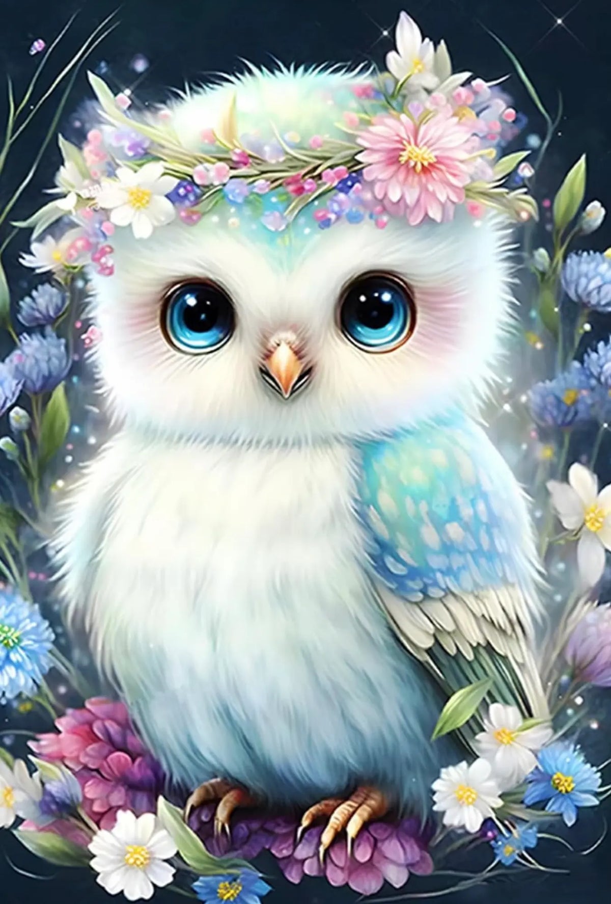 Diamond Painting Set mit niedlicher Eule im bunten Blumenmeer in zarten Farben als kreatives DIY-Projekt.