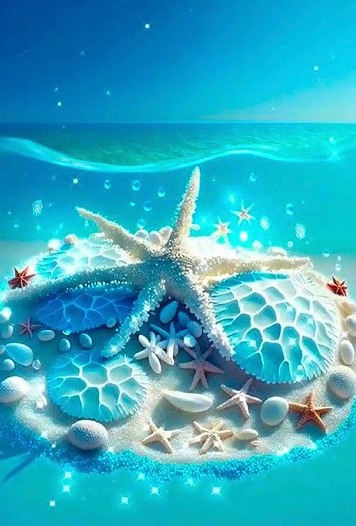 Diamond Painting Blaue Meeressymphonie mit leuchtenden Seesternen und Muscheln im kristallklaren Wasser in 40x60cm