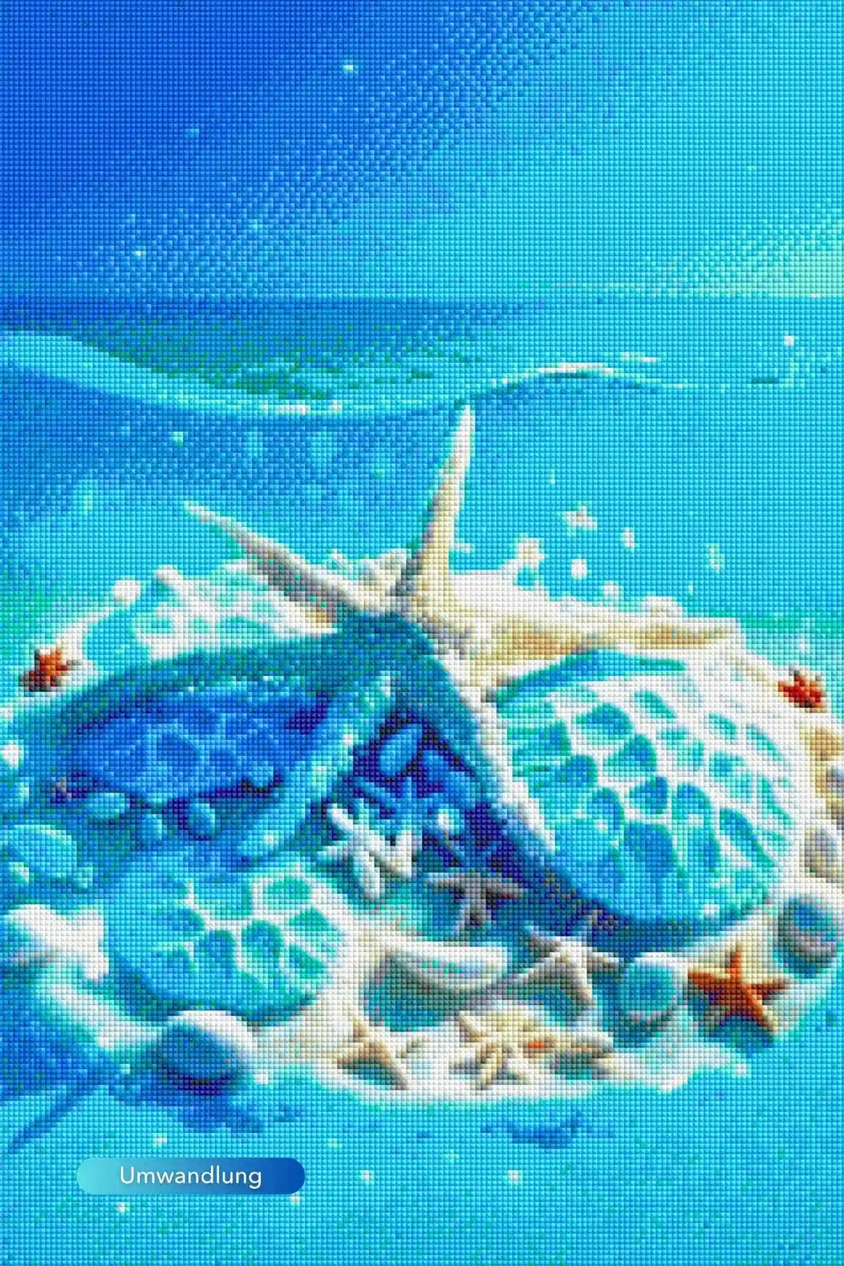 Diamond Painting Set Blaue Meeressymphonie mit strahlenden Muscheln und Seesternen in einem kristallklaren Meer.
