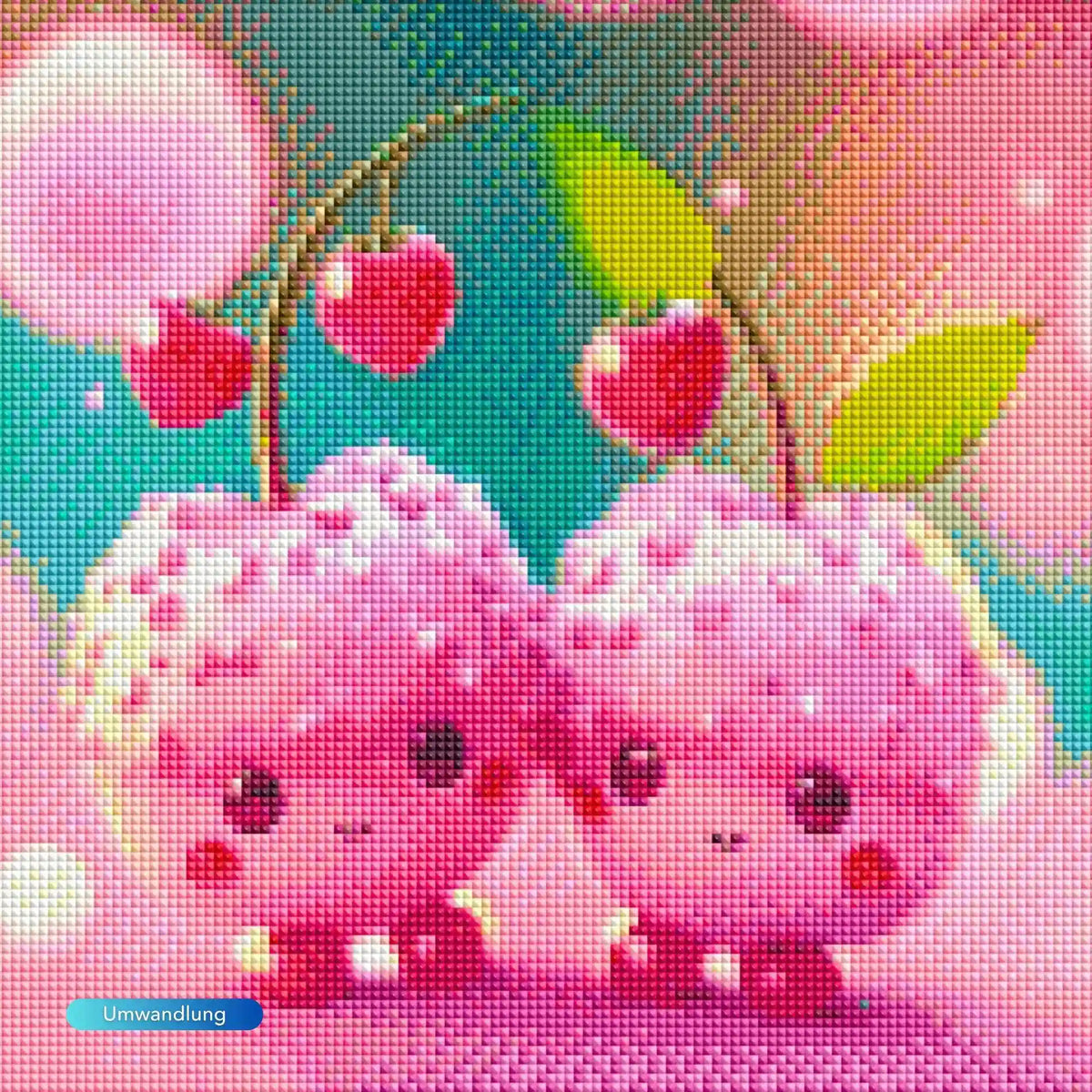 Diamond Painting Set Sweet Cherrys mit süßen pinken Kirschen im verspielten Design auf 30x30cm Leinwand