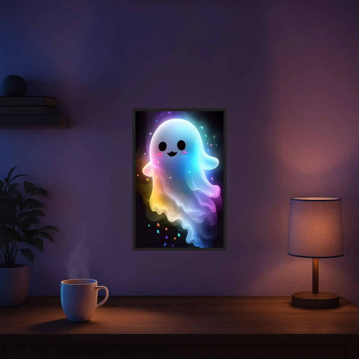 Diamond Painting Leuchtbild Kleines Gespenst mit bunten, leuchtenden Steinen in einer gemütlichen Raumdekoration.