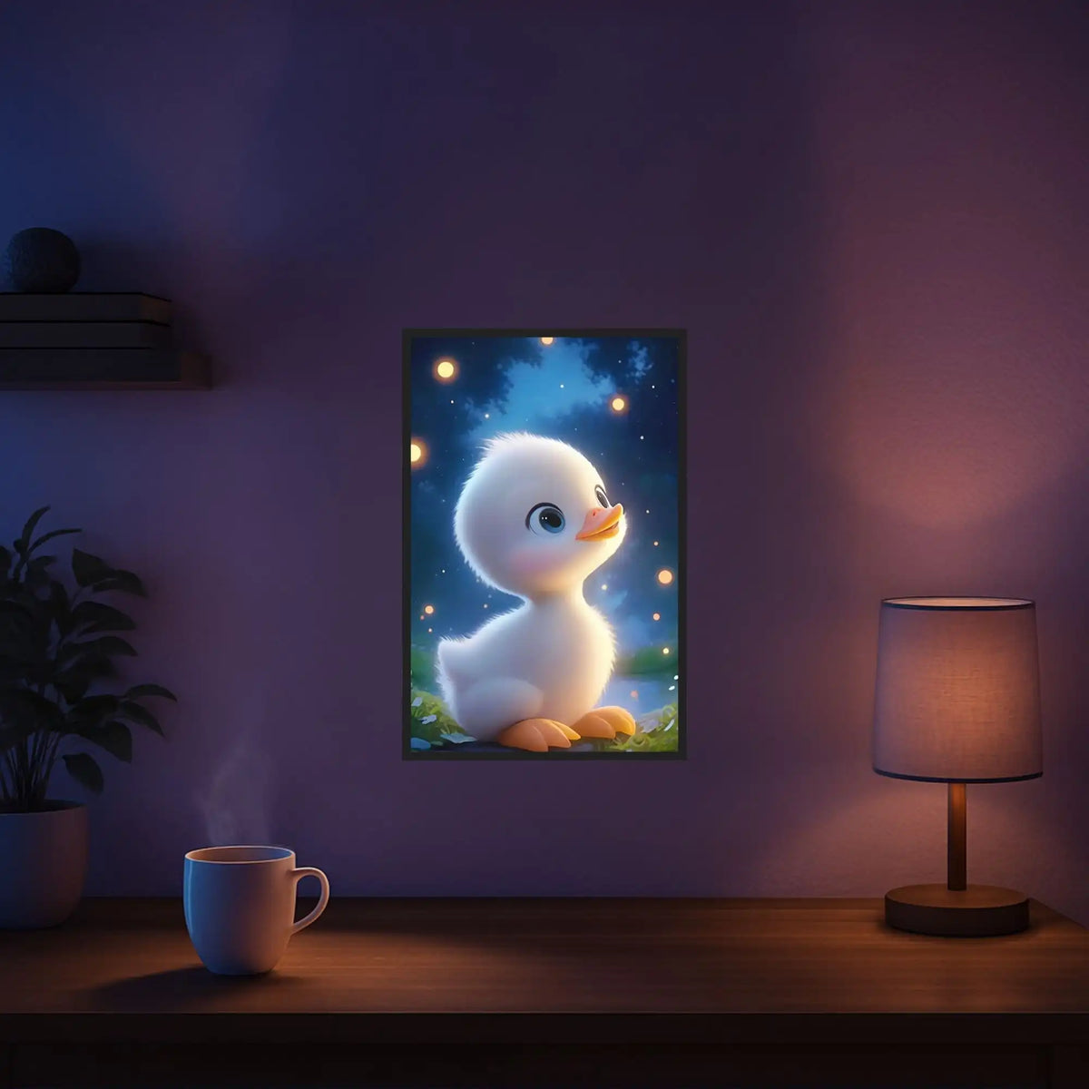 Diamond Painting Leuchtbild mit niedlichem Entlein unter Sternenhimmel als fertiges DIY Deko-Set für die Wand