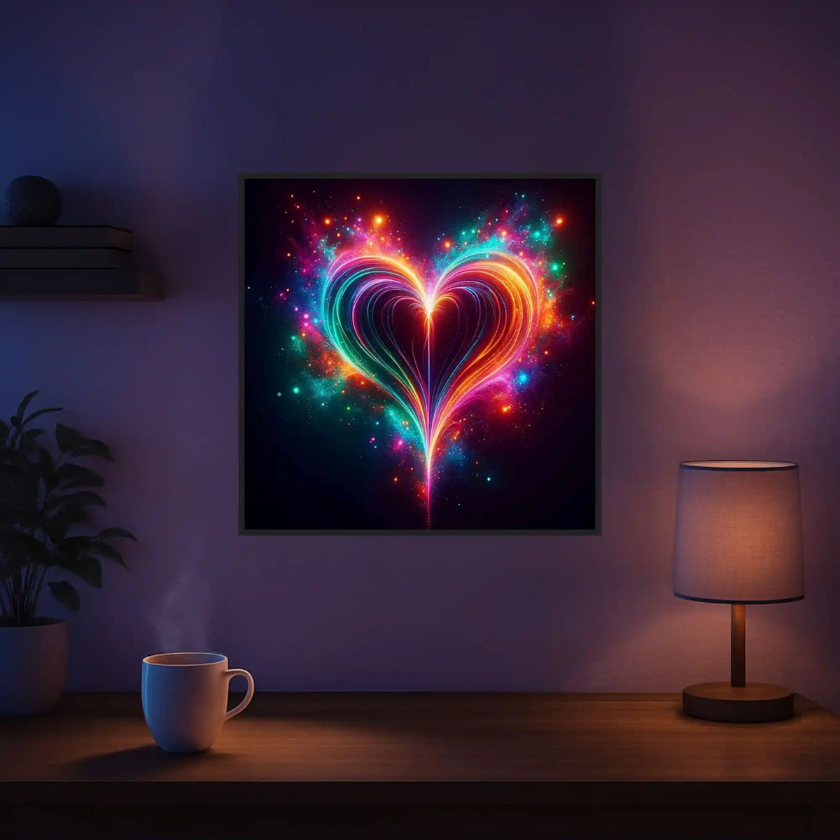 Diamond Painting Leuchtbild Herzflimmern: Buntes, leuchtendes Herz-Motiv als Wandkunst in einem gemütlichen Raum.