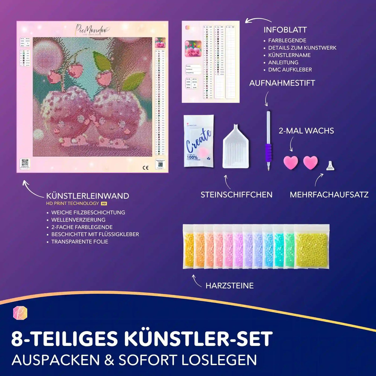 Diamond Painting Set Sweet Cherrys mit Leinwand, bunten Harzsteinen und Zubehör für kreatives Basteln