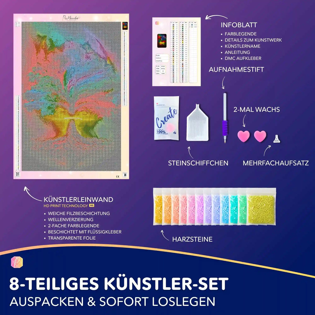 Diamond Painting Set Lebensbaum mit Leuchtsteinen, Leinwand, Werkzeug und bunten Diamanten für kreatives DIY