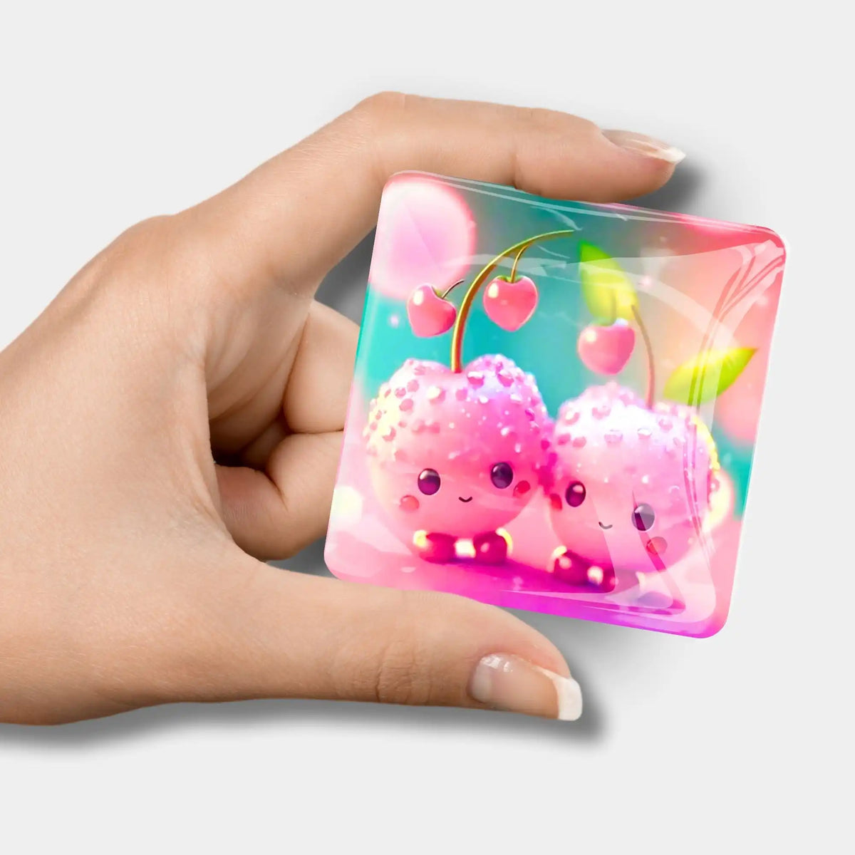 Quadratischer Diamond Painting Cover Minder Sweet Cherrys mit niedlichem Kirsch-Motiv und Magnet für Zubehör