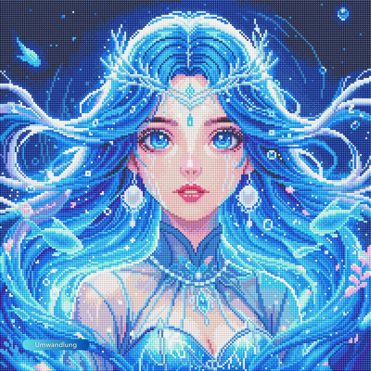 Diamond Painting Nerelya Hüterin der Tiefe mit blauhaariger Fantasy-Figur und Glitzersteinen