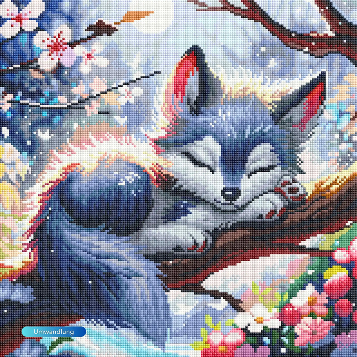 Diamond Painting Set eines niedlichen Wolfs, der im Frühling zwischen blühenden Kirschblütenzweigen schläft.