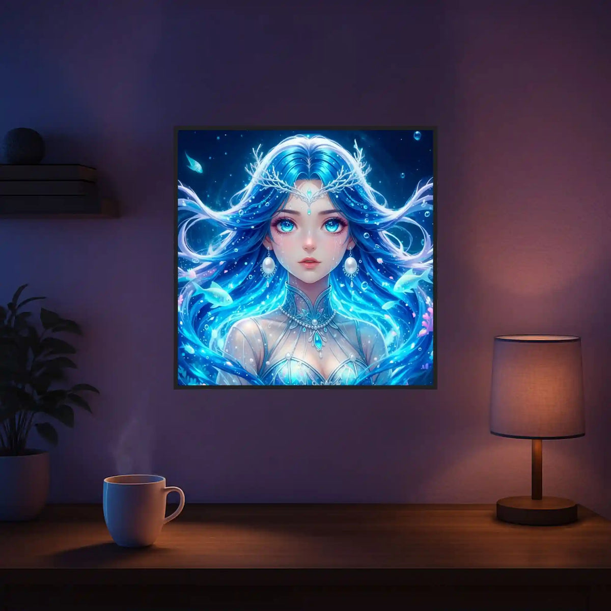 Diamond Painting Nerelya Hüterin der Tiefe mit blauem Fantasy-Mädchen, leuchtenden Unterwasser-Motiven und glitzernden Steinen