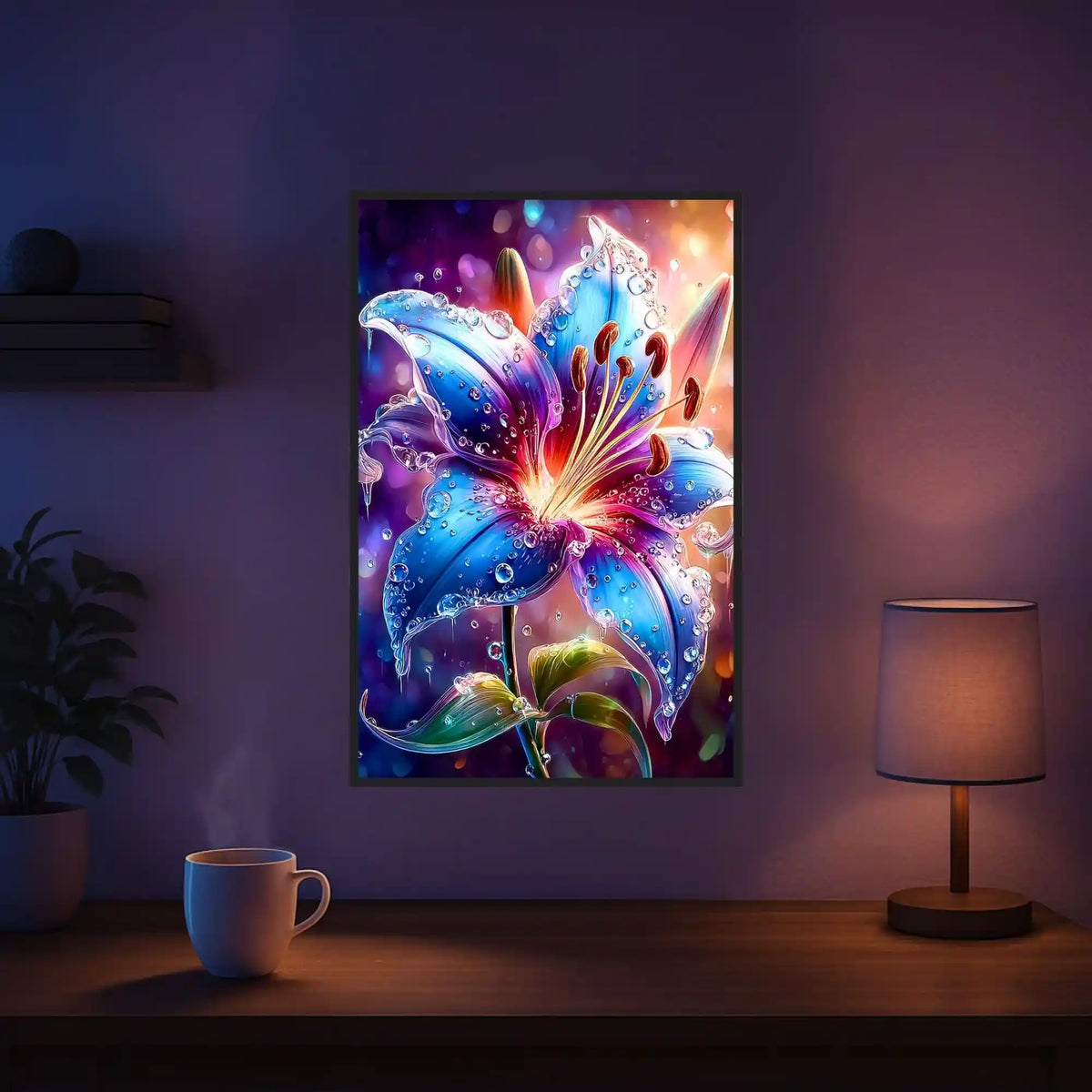 Diamond Painting Set Regenlied mit leuchtender Lilie, Wassertropfen und funkelnden Farben als Wandbild im Wohnzimmer.