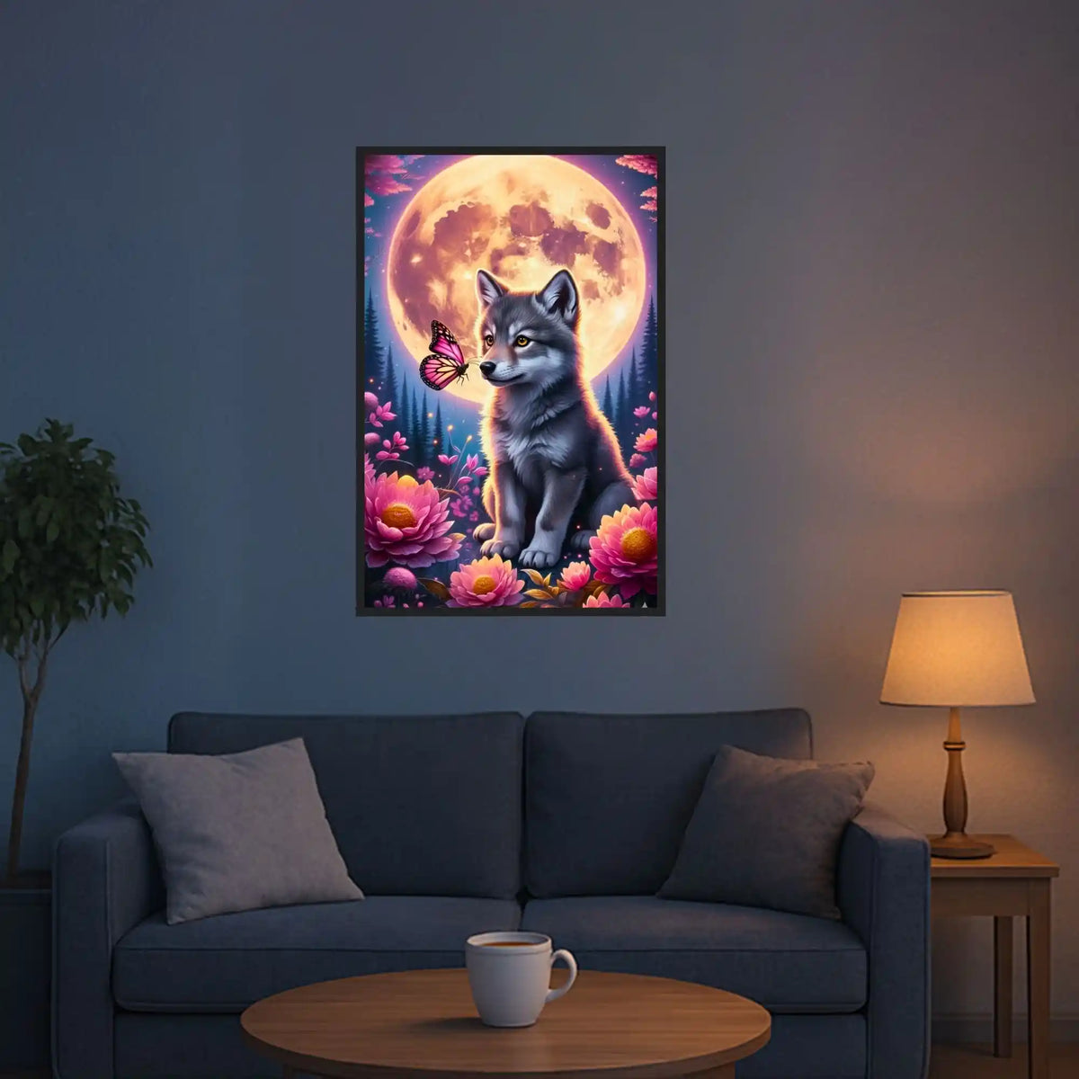 Diamond Painting Set Wolf mit Schmetterling, Vollmond und rosa Blumen in einer magischen Waldszene als Wanddekoration
