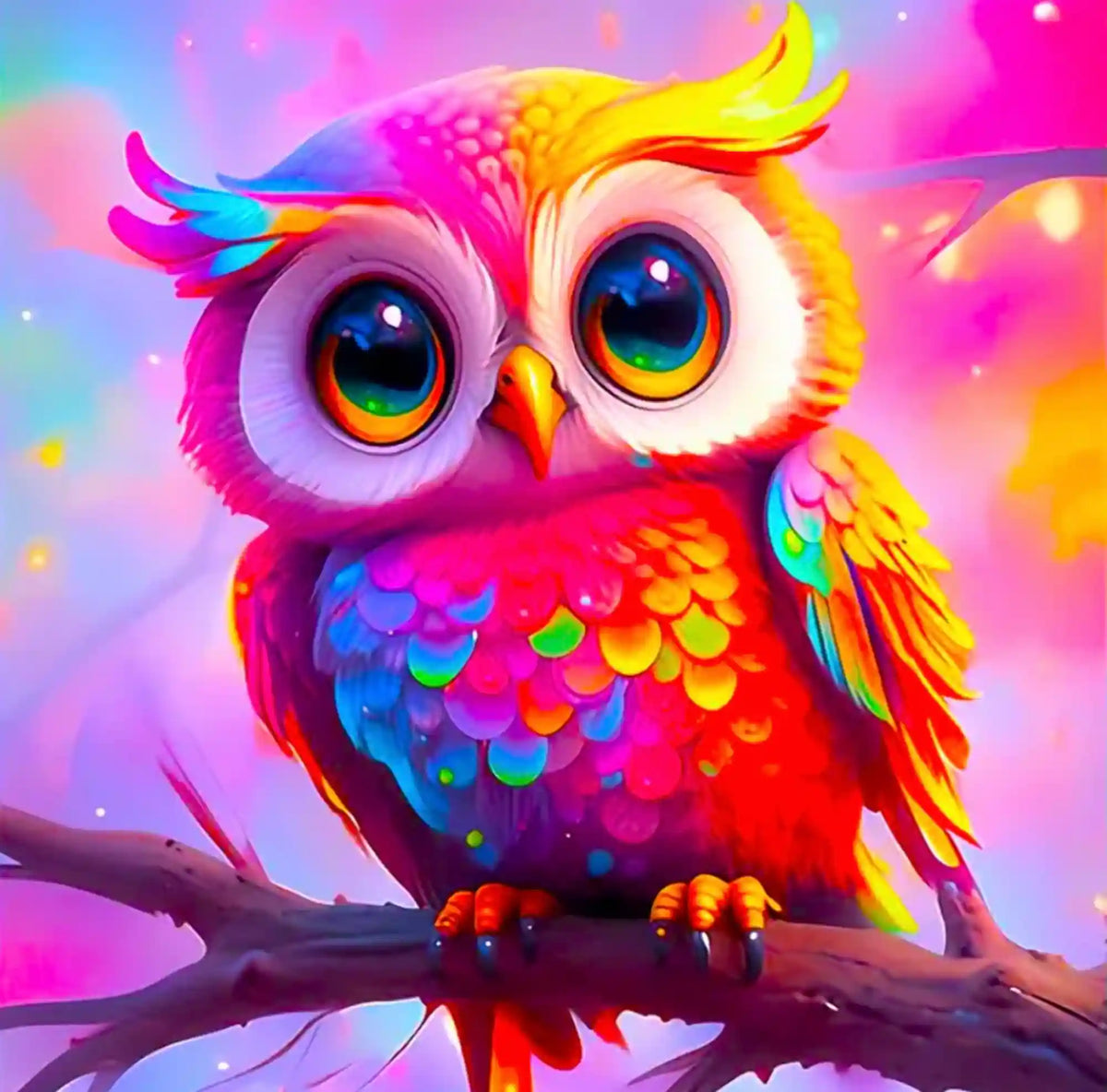 Diamond Painting Set Eulchen Eulalia: Bunte Eule mit Glitzersteinen als liebevolles Tier-Motiv für Anfänger und Kinder.