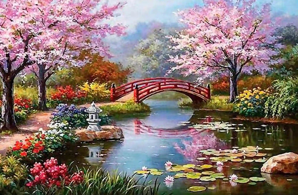 Diamond Painting Set Chinesischer Garten mit blühenden Bäumen, Brücke und Teich im 40x60cm Landschafts-Design