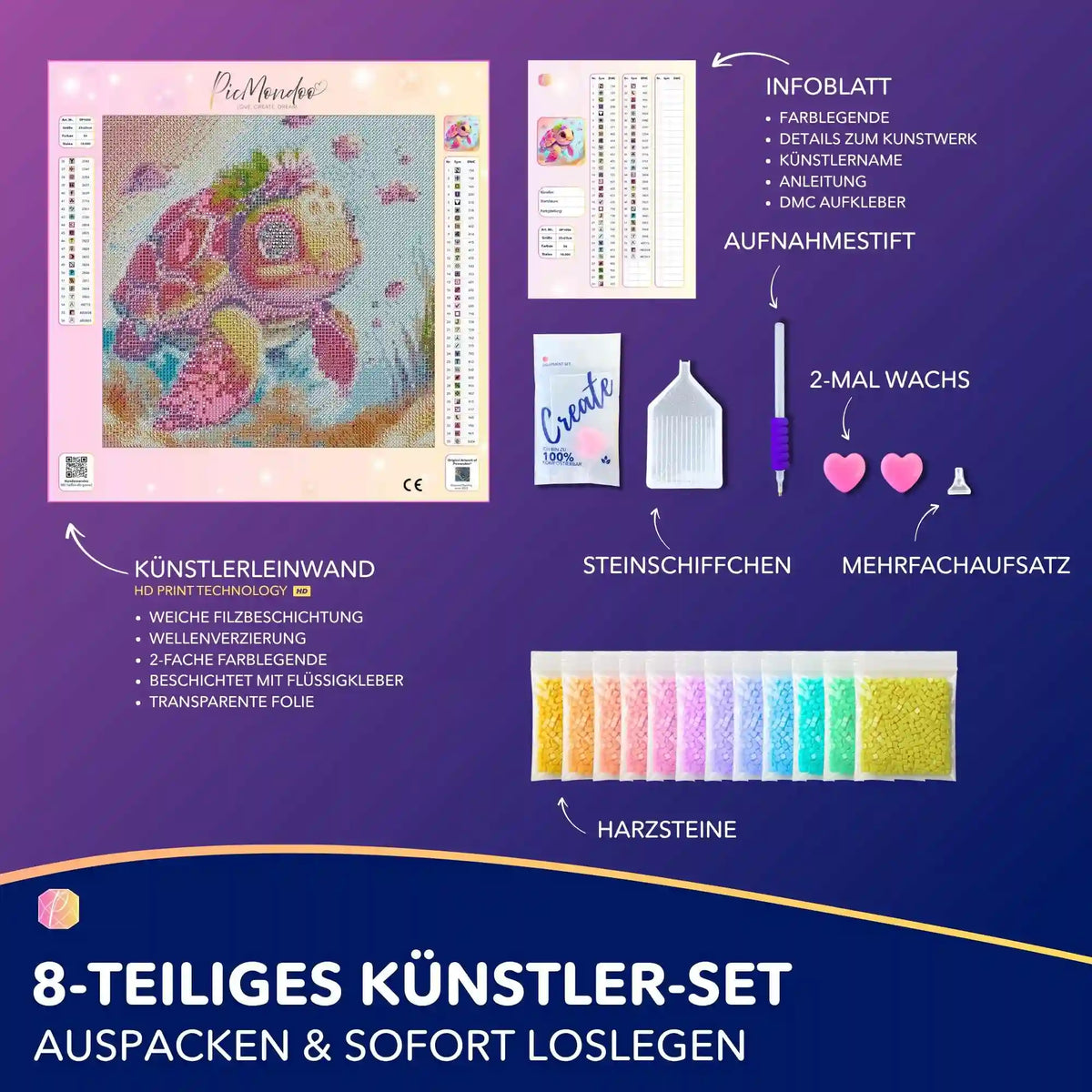 Diamond Painting Set Schildkrötenmädchen Trudi mit buntem Tiermotiv, Harzsteinen, Stift und Leinwand für kreatives DIY Basteln