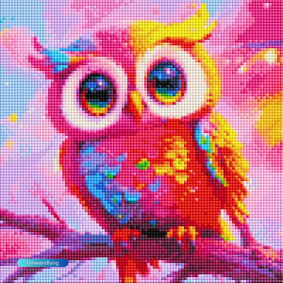 Diamond Painting Set Eulchen Eulalia mit einer süßen, bunten Eule in leuchtenden Farben als kreatives DIY-Bild