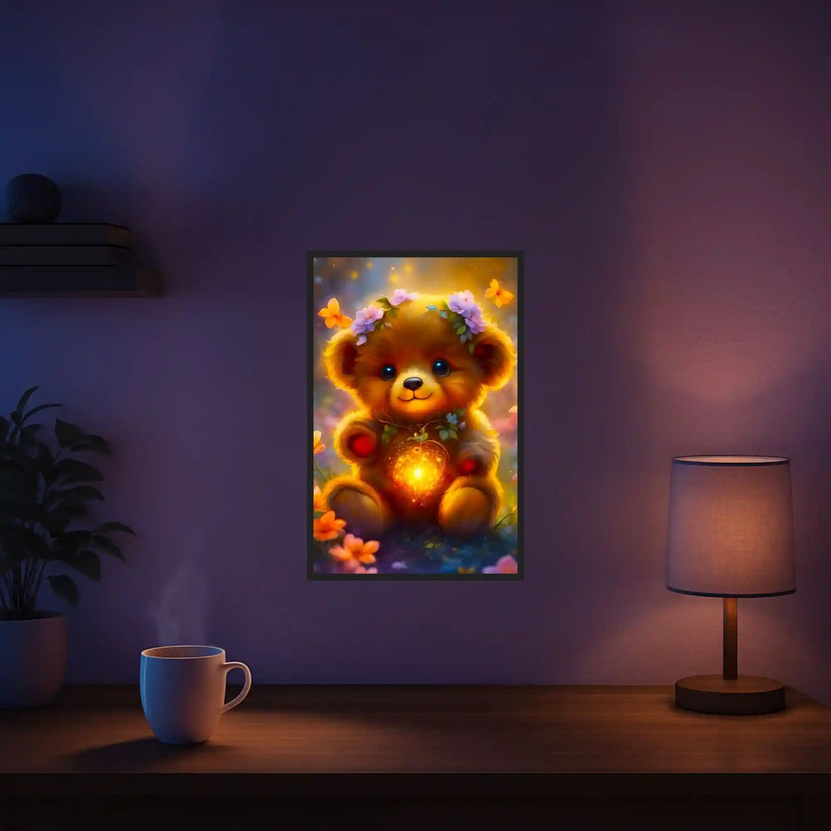 Diamond Painting Set Leuchtbär: Niedlicher Teddy mit bunten Blumen und strahlendem Lichteffekt als DIY-Wandkunst.