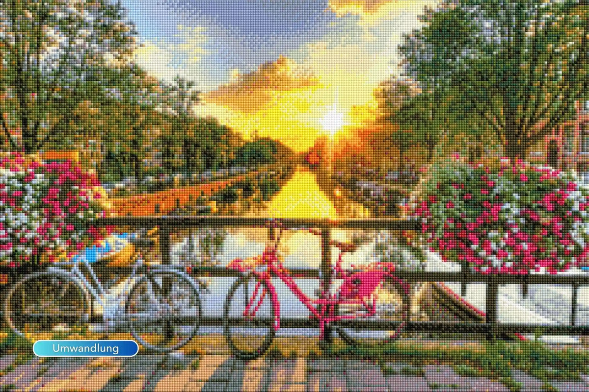 Diamond Painting Set Sonnenuntergang in Amsterdam mit Brücke, Blumen und Fahrrädern in leuchtenden Farben auf Leinwand.