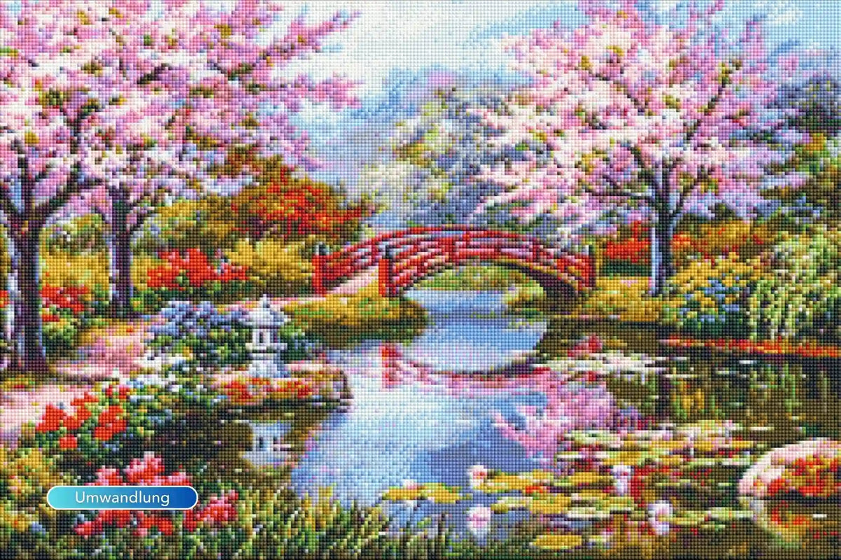 Diamond Painting Set Chinesischer Garten mit blühenden Kirschbäumen, roter Brücke und ruhigem Fluss in 40x60cm