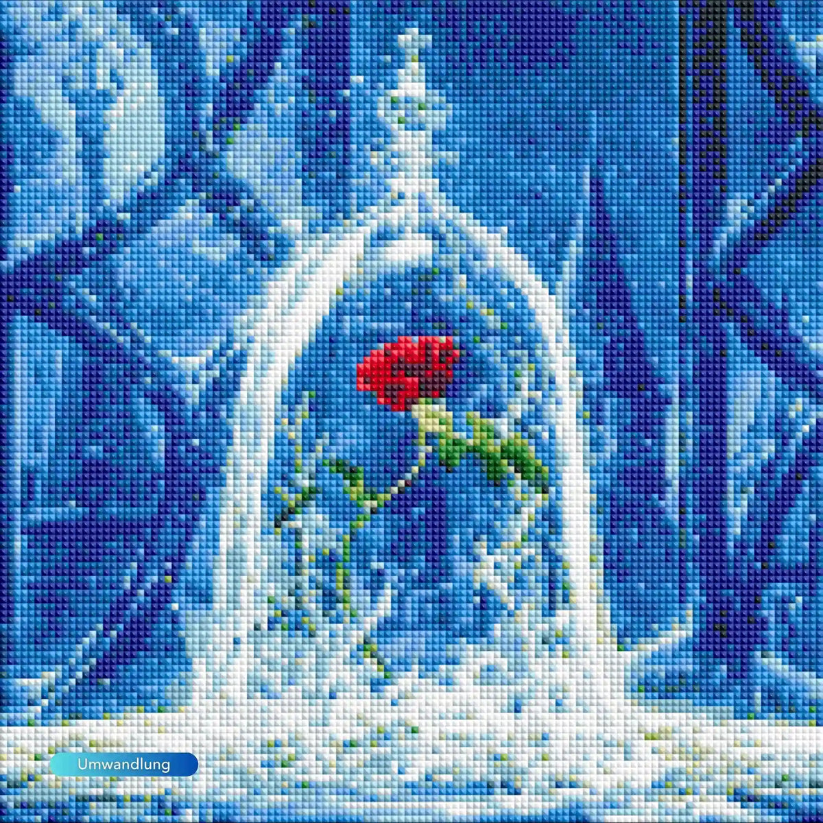 Diamond Painting Set mit roter Rose im Wunderglas vor blauem Hintergrund aus funkelnden, quadratischen Steinen.